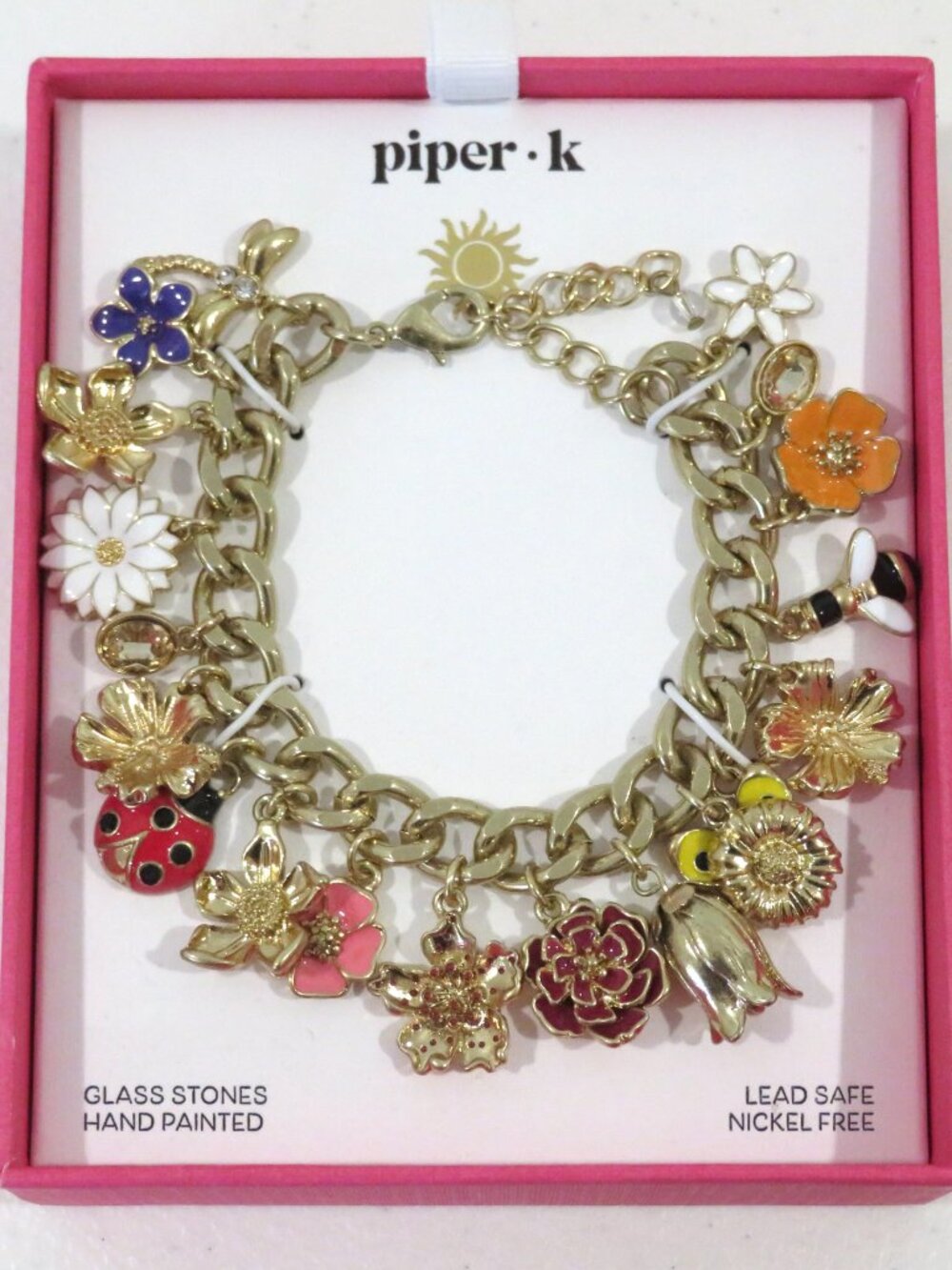 Piper K Flower Charm Bracelet Glass Stones Hand Painted Gold Tone NIB